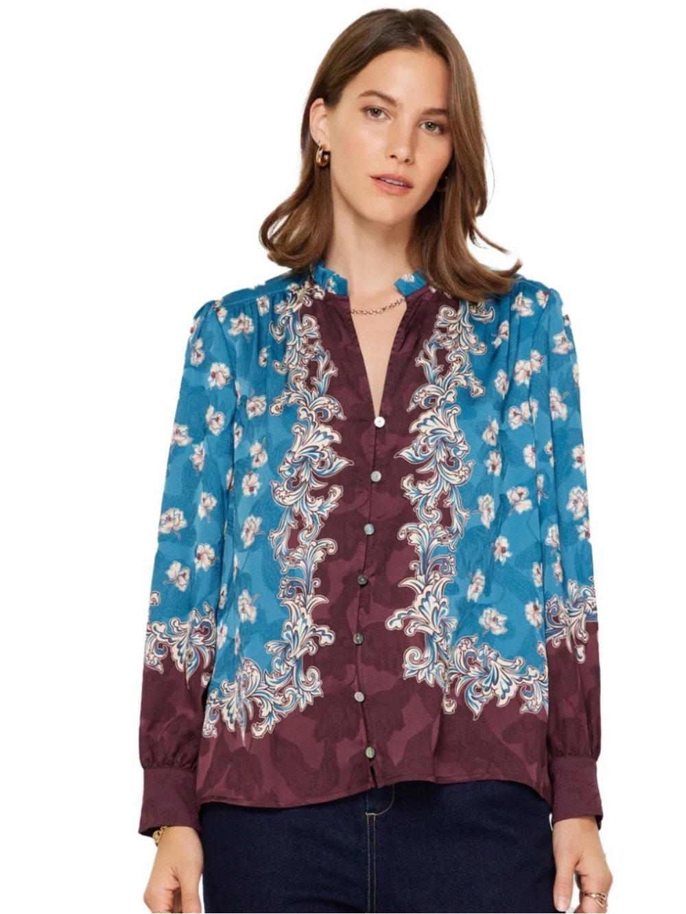 Current Air Blue & Brown Floral Button Up Blouse Small - Picture 2 of 8